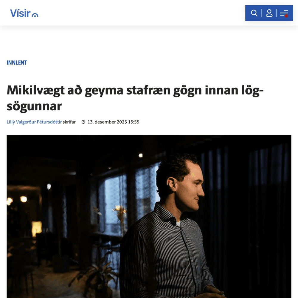 Fyrirsögn fréttar Vísis: „Mikilvægt að geyma stafræn gögn innan lögsögunnar“, með mynd af Þórði Atlasyni framkvæmdastjóra Atlas.